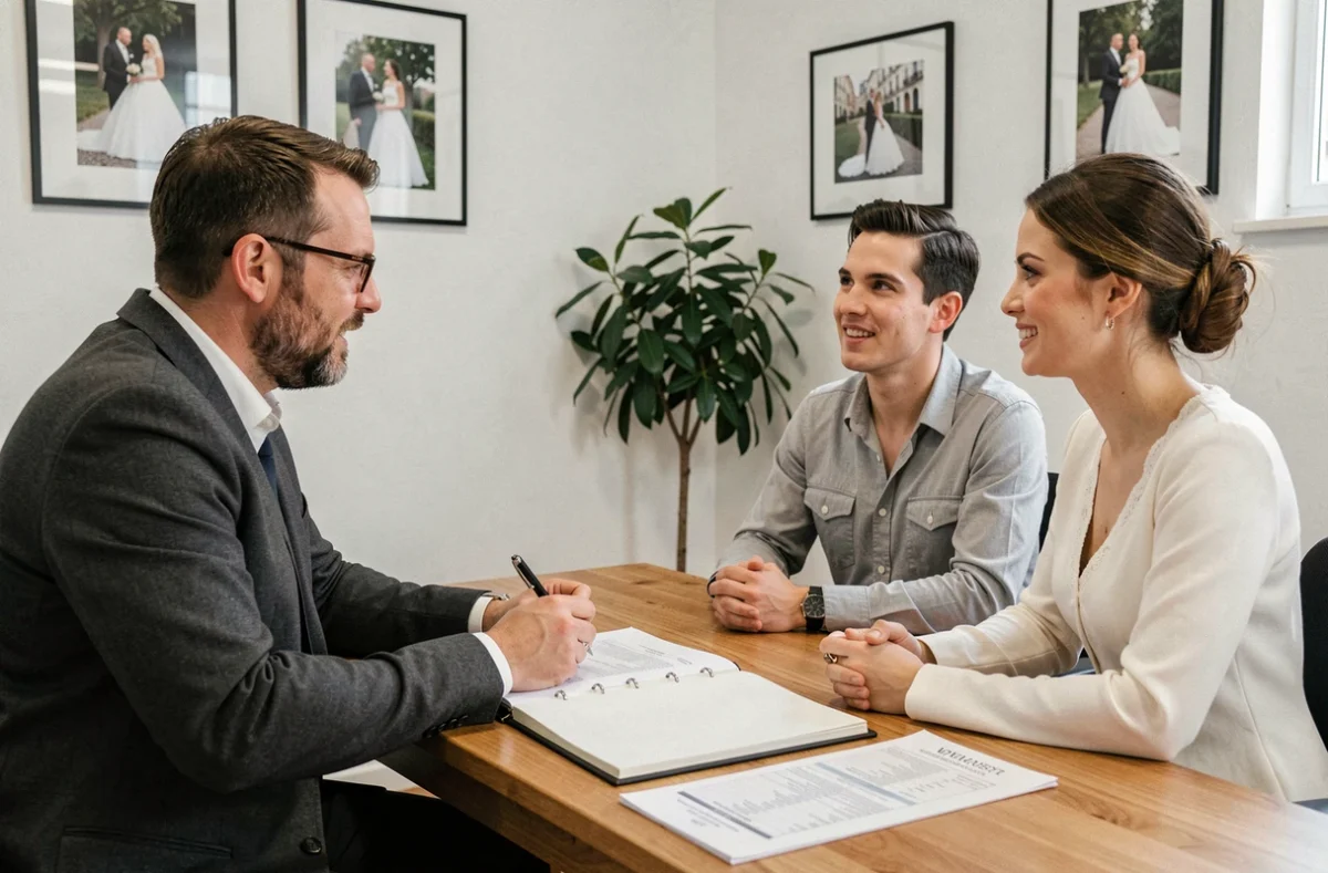 Photographe de mariage et couple discutant des tarifs lors d'une consultation dans un studio photo à Castres