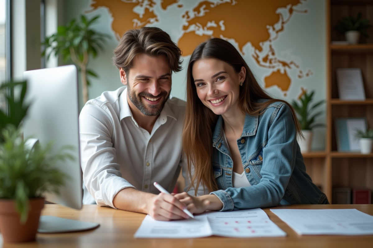 Couple discutant dans une agence de voyage