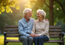 Couple âgé assis main dans la main dans un parc ensoleille