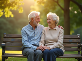 Parcours de couple : le récit inspirant de 56 ans de mariage Couple âgé assis main dans la main dans un parc ensoleille