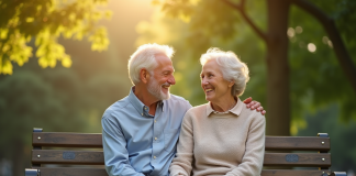 Couple âgé assis main dans la main dans un parc ensoleille