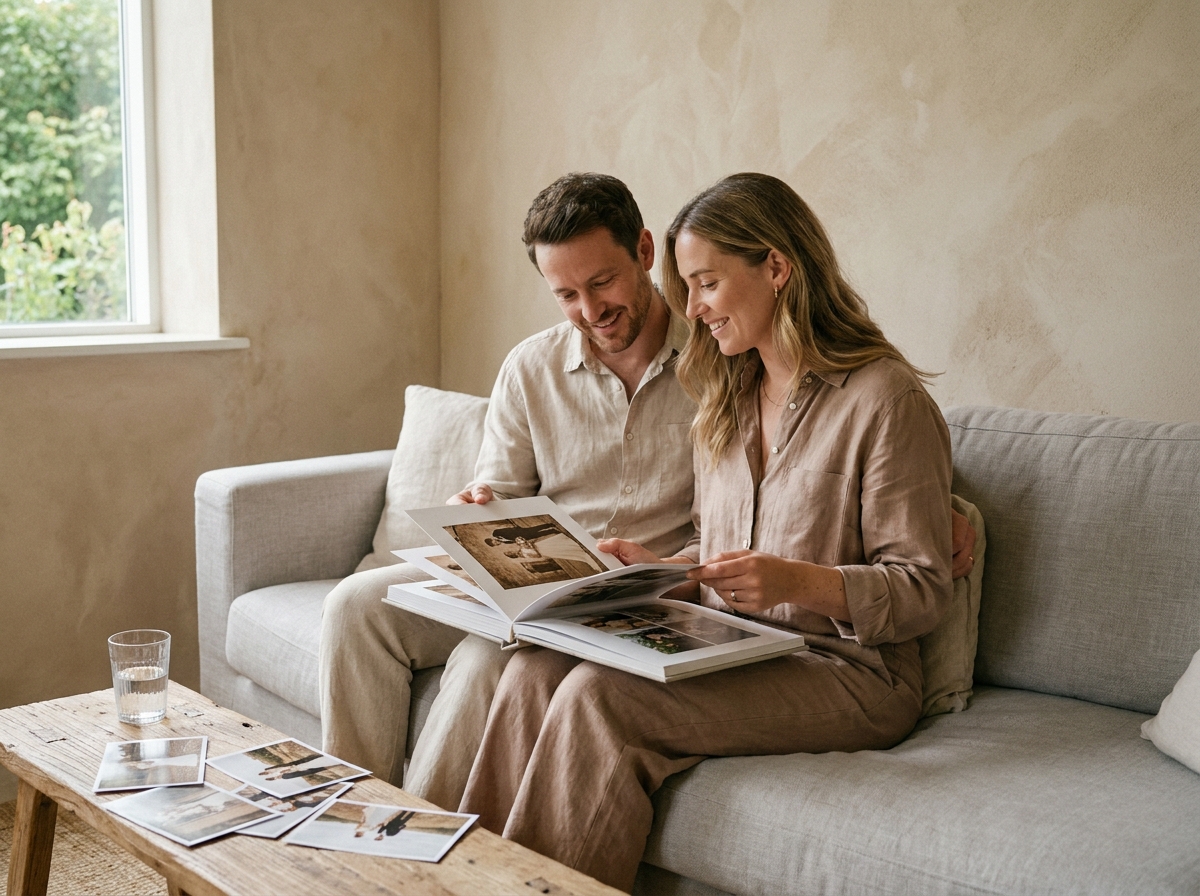 Couple feuilletant un album photo de mariage imprimé ensemble sur un canapé dans un salon confortable