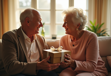 Couple agee échangeant cadeaux anniversaire chaleureux