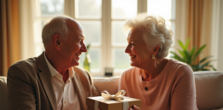 Couple agee échangeant cadeaux anniversaire chaleureux
