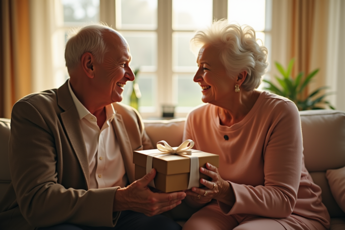 Couple agee échangeant cadeaux anniversaire chaleureux