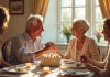 Couple agee souriant lors d'une fete d'anniversaire en famille