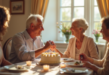 Couple agee souriant lors d'une fete d'anniversaire en famille