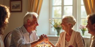 Couple agee souriant lors d'une fete d'anniversaire en famille