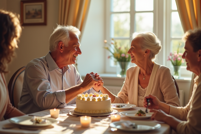 Couple agee souriant lors d'une fete d'anniversaire en famille