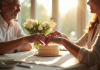 Couple échangeant des anneaux d'anniversaire à table en lumière naturelle