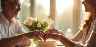 Couple échangeant des anneaux d'anniversaire à table en lumière naturelle