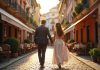 Couple élégant main dans la main dans une ville européenne