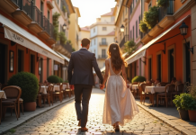 Couple élégant main dans la main dans une ville européenne