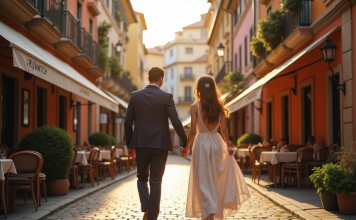 Couple élégant main dans la main dans une ville européenne