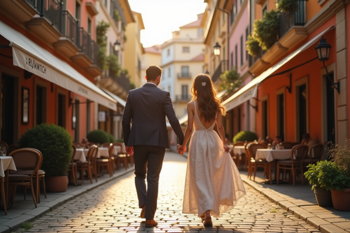 Couple élégant main dans la main dans une ville européenne