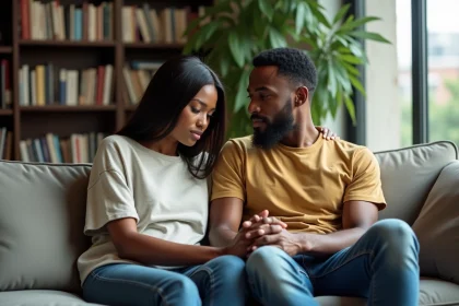 Jeune femme noire et homme en intérieur cosy