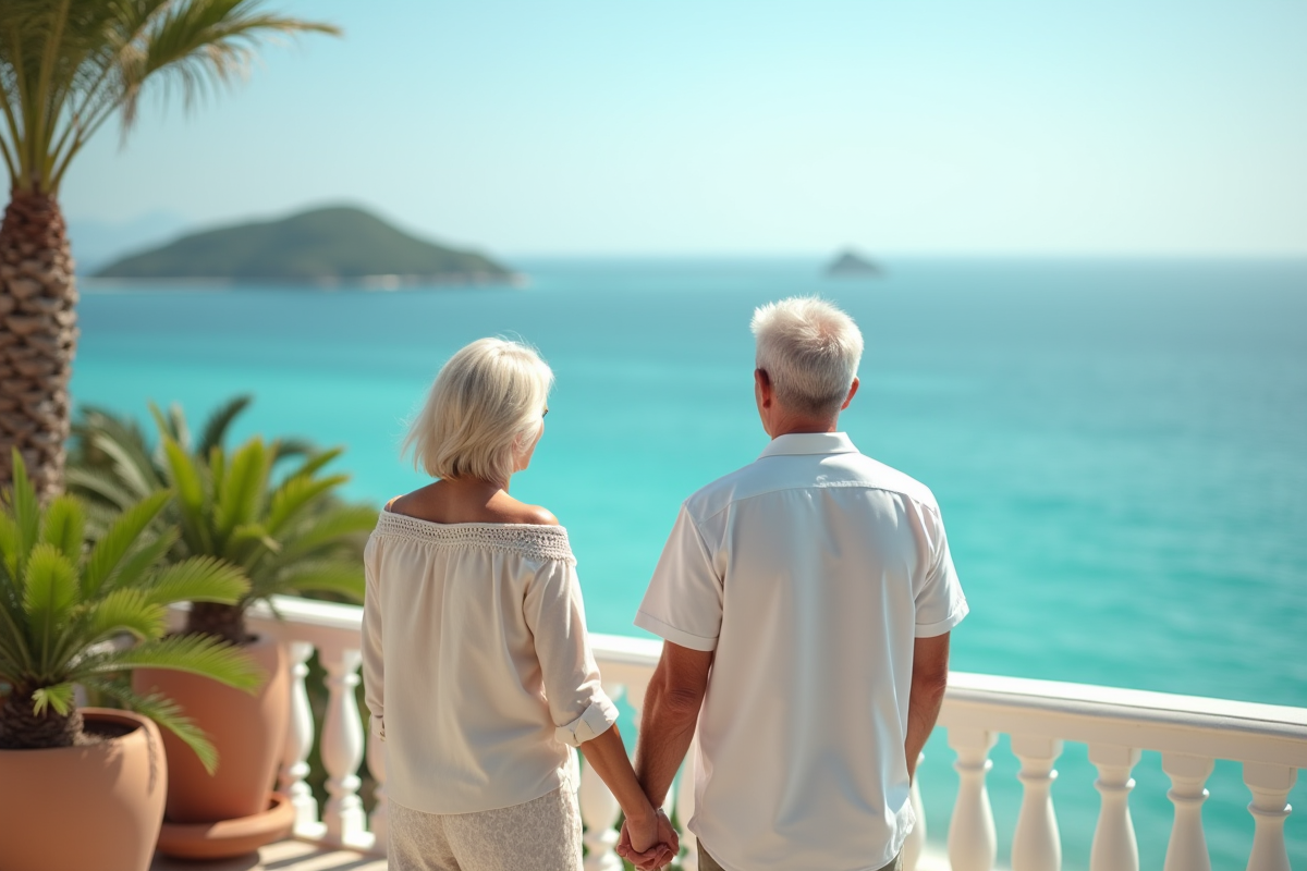 Couple mature sur un balcon avec vue sur mer turquoise