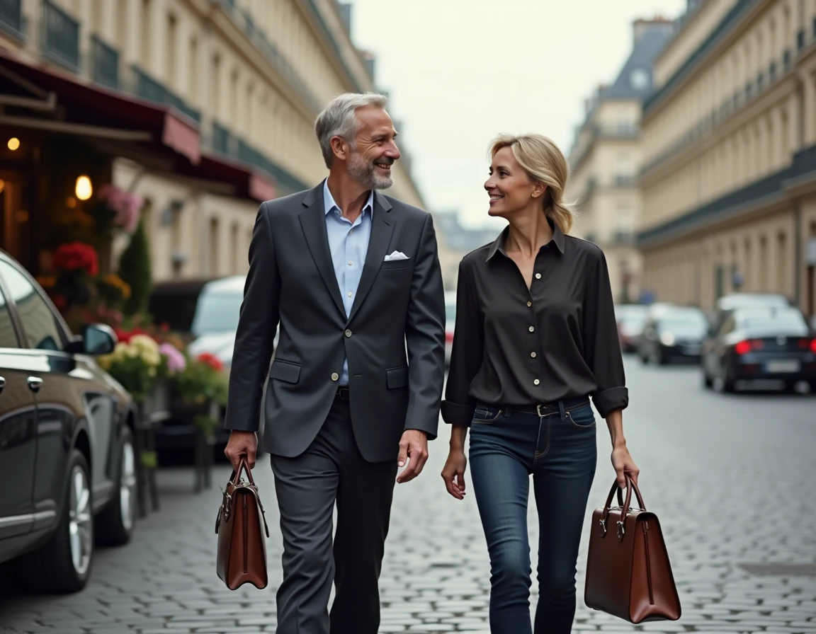 Couple élégant marchant sur un boulevard haussmannien parisien, symbolisant les liens familiaux et conjugaux au sein des réseaux d'influence