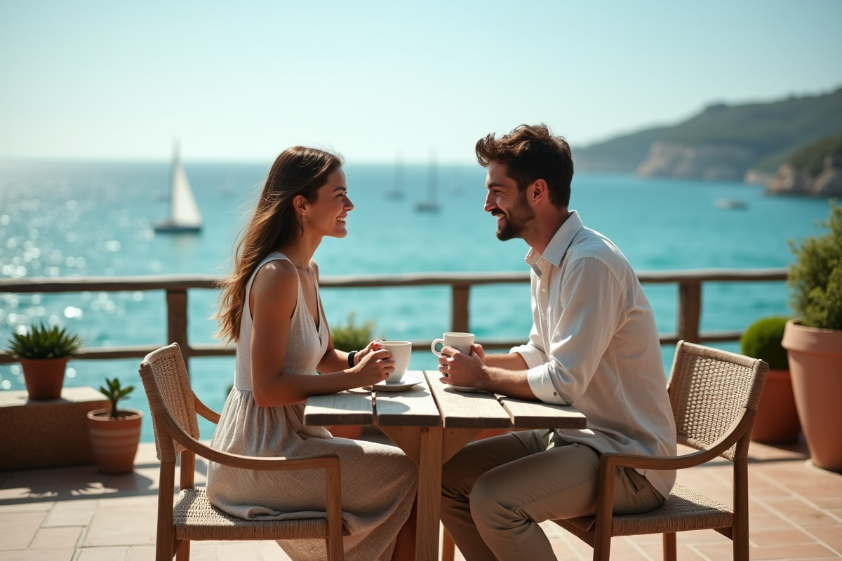 Couple assis au bord de la mer partageant un café en terrasse