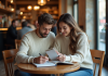 Budget lune de miel : combien prévoir pour éviter les dépenses superflues ? Jeune couple à un café parisien en train de planifier un voyage