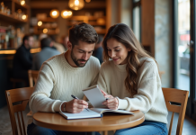 Budget lune de miel : combien prévoir pour éviter les dépenses superflues ? Jeune couple à un café parisien en train de planifier un voyage