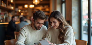 Jeune couple à un café parisien en train de planifier un voyage