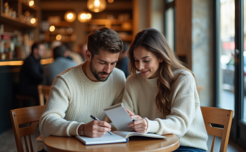 Budget lune de miel : combien prévoir pour éviter les dépenses superflues ? Jeune couple à un café parisien en train de planifier un voyage