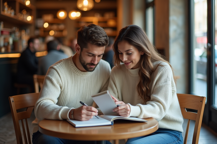 Jeune couple à un café parisien en train de planifier un voyage