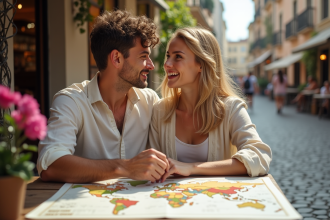 Jeune couple regardant une carte au café en été