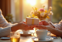 Couple échangeant des coffrets cadeaux élégants au petit déjeuner