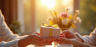 Couple échangeant des coffrets cadeaux élégants au petit déjeuner