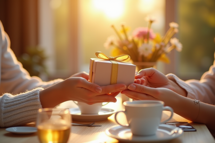 Couple échangeant des coffrets cadeaux élégants au petit déjeuner