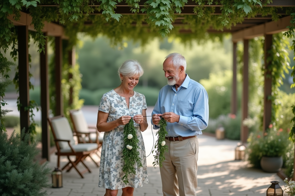 Couple d age moyen créant des guirlandes dans le jardin