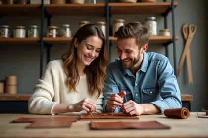 Jeune couple créant un cadre photo en cuir fait main