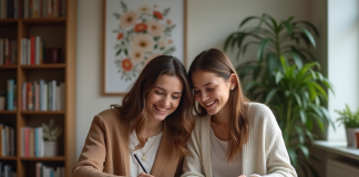 Jeune couple souriant préparant leur mariage à la maison