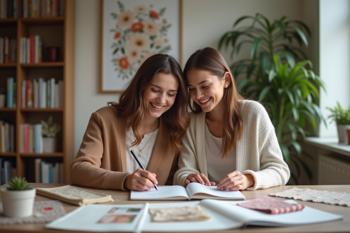 Jeune couple souriant préparant leur mariage à la maison