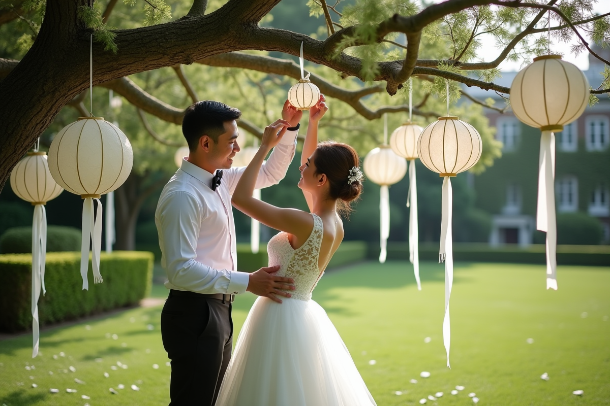 Couple décorant un arbre avec lanternes et rubans dans un jardin