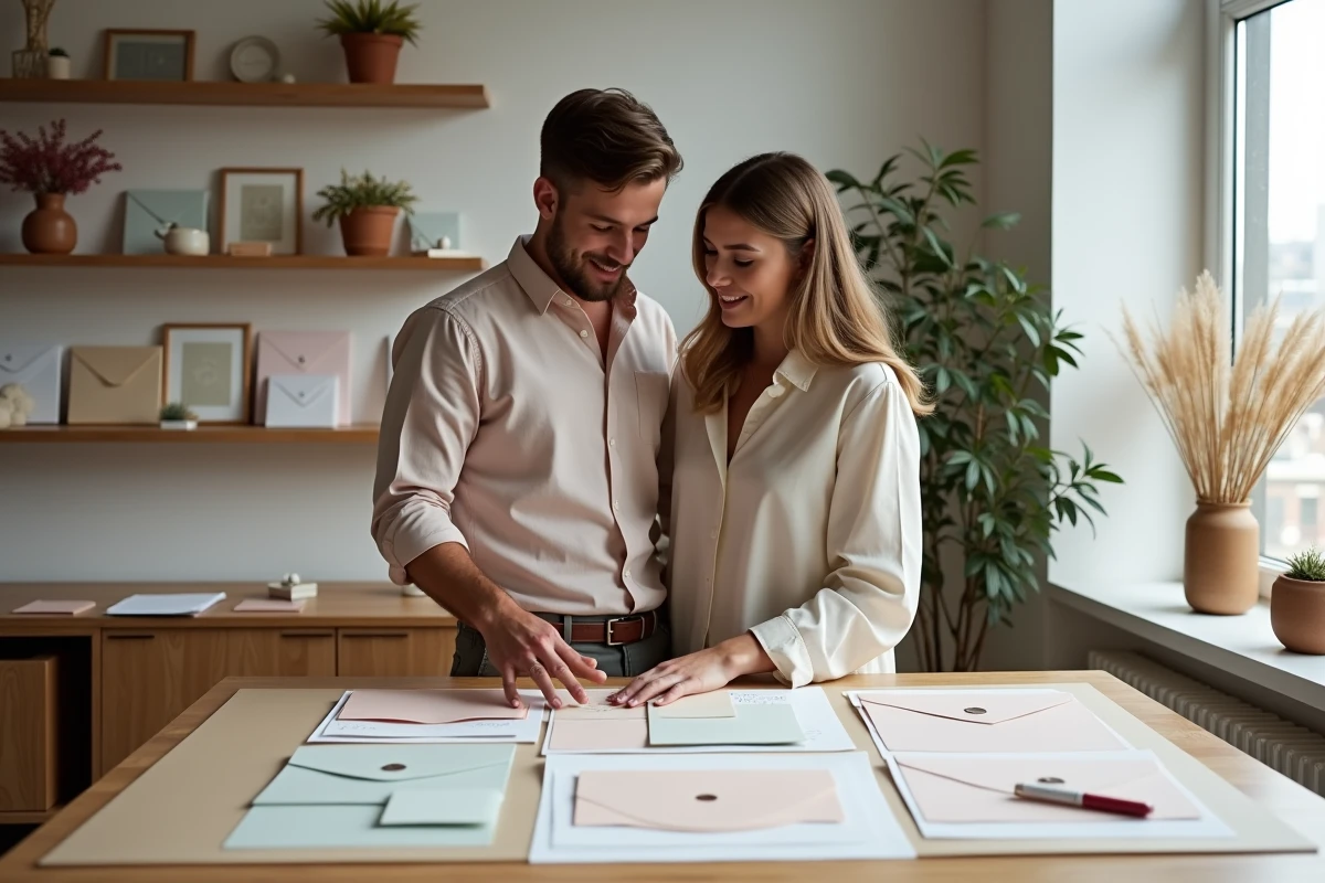 Jeune couple discute de la papeterie de mariage