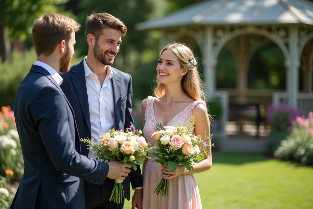 Jeune couple discutant avec un fleuriste dans un jardin fleuri