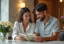 Couples MAFS : Les paiements pour leur lune de miel ? Décryptage complet ! Jeune couple regardant un livret de lune de miel dans un lobby élégant