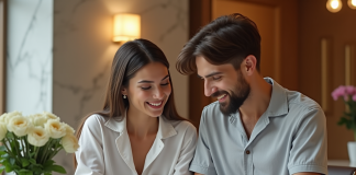 Jeune couple regardant un livret de lune de miel dans un lobby élégant