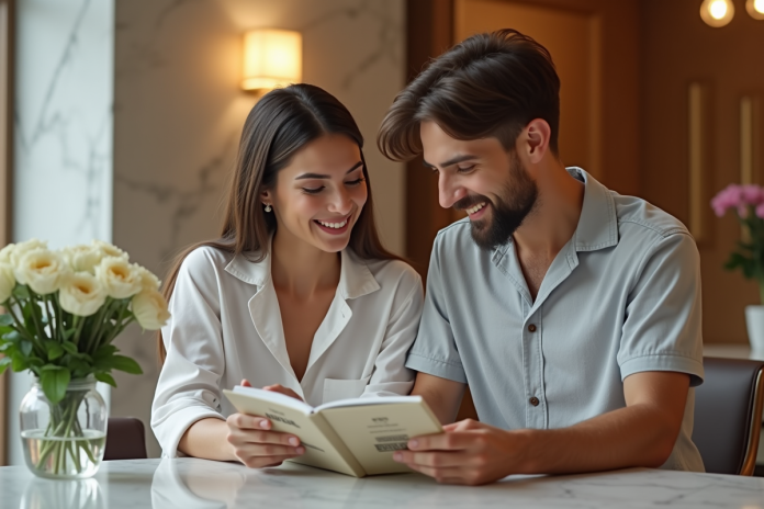 couple-honeymoon-reception Jeune couple regardant un livret de lune de miel dans un lobby élégant
