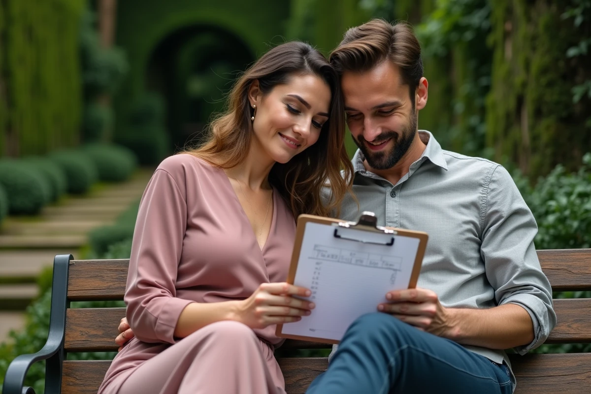 Couple introverti planifiant leur mariage tranquillement dans un jardin botanique avec un planning imprimé