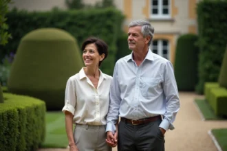 Couple d'âge moyen dans un jardin français élégant
