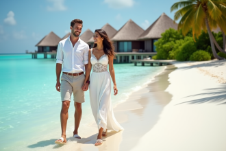 Jeune couple en vacances sur une plage aux Maldives