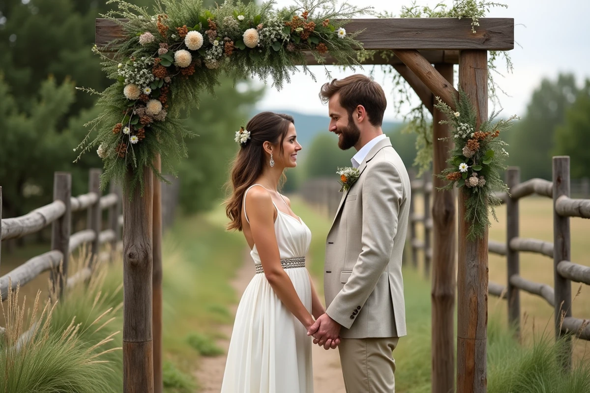 Jeune couple sous un arche de mariage en bois avec fleurs