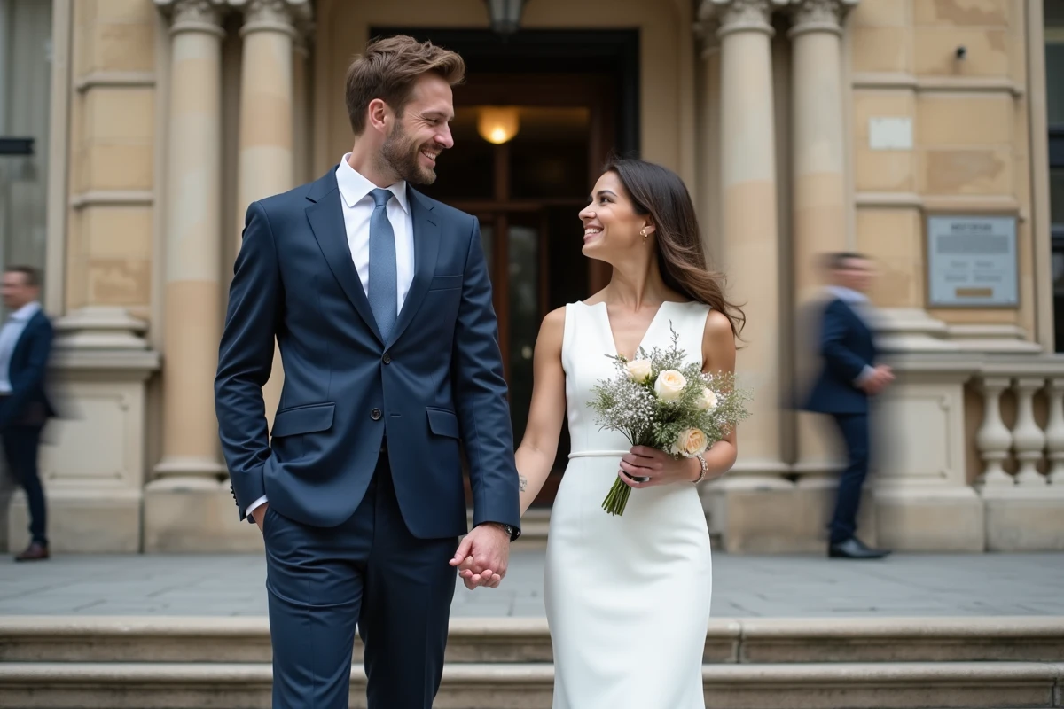 Couple de mariés devant une mairie lors d'un mariage civil, mariée en robe courte blanche minimaliste et marié en costume bleu marine