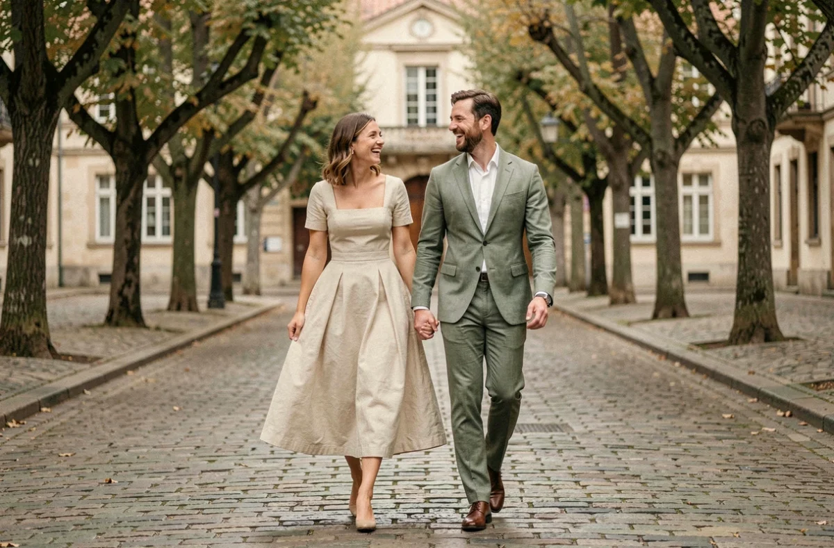 Couple élégant lors d'un mariage civil rétro, mariée en robe écru vintage et marié en costume lin vert sauge, ruelle pavée historique