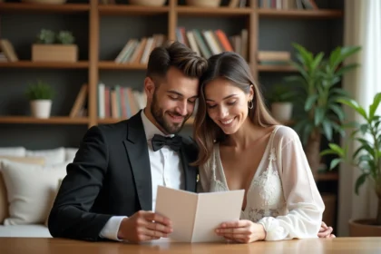 Jeune couple en mariage examine une invitation élégante