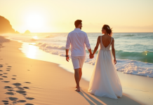 Jeune couple marié marchant sur la plage au coucher de soleil